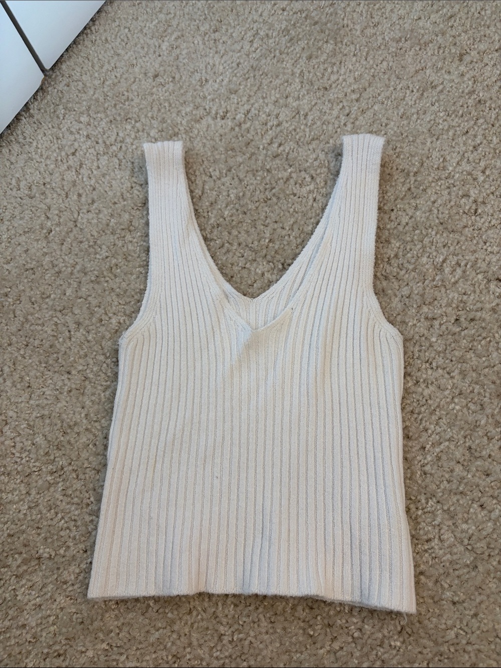 V-Neck Ribbed Knit Tank Top - Cream